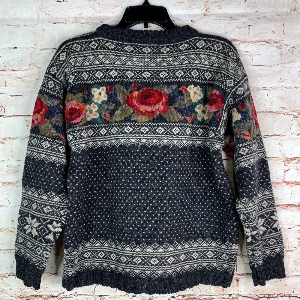 Icelandic Design Sweater Nordic Floral Gray Neck 100% Wool Size M - Picture 6 of 10